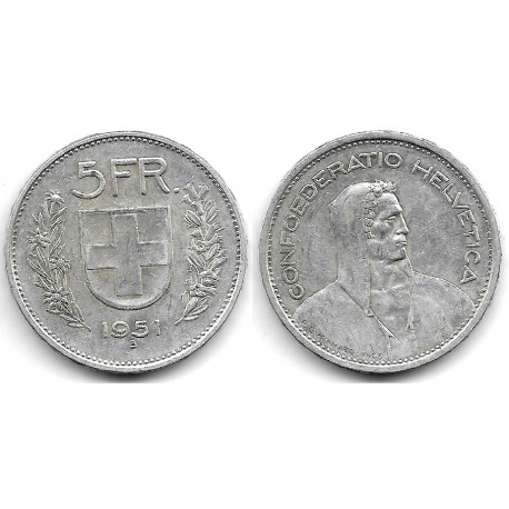 (40) Suiza. 1951(B). 5 Francs (MBC) (Plata)