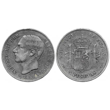 Alfonso XII. 1885*(18-87). 5 Pesetas (BC) (Plata) Ceca de Madrd MS-M