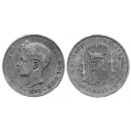 Alfonso XIII. 1898*(18---). 5 Pesetas (BC) (Plata) Ceca de Madrid SG-V
