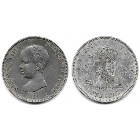 Alfonso XIII. 1891*(18-91). 5 Pesetas (MBC-) (Plata) Ceca de Madrid PG-M