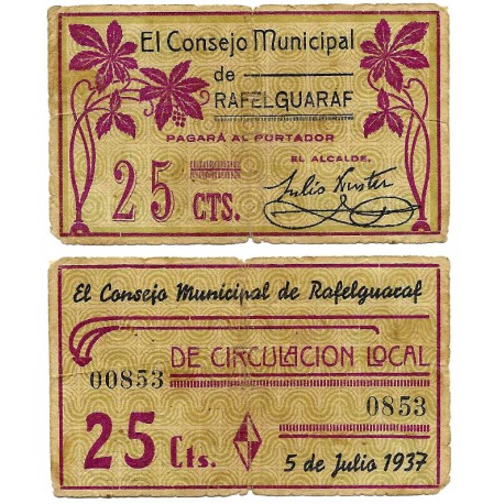 Rafelguaraf. 1937. 25 Céntimos (BC+) Roturas en márgenes
