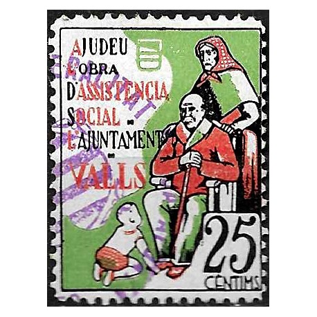 Viñeta. Valls. Asistencia Social. 25 Céntimos (Nuevo, con señal de fijasellos)