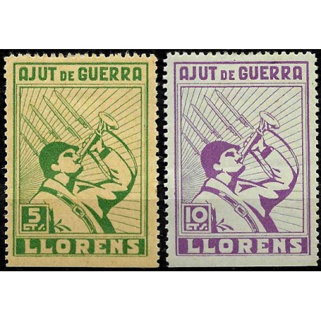 Viñetas. Ajut de Guerra. Llorens. 5 y 10 Céntimos (Nuevo, con señal de fijasellos)