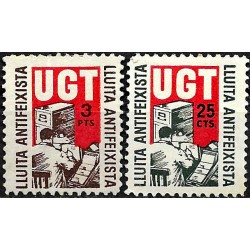 Viñeta. UGT. Lluita Antifeixista. 25 Céntimos y 3 Pesetas (Nuevo, con señal de fijasellos)