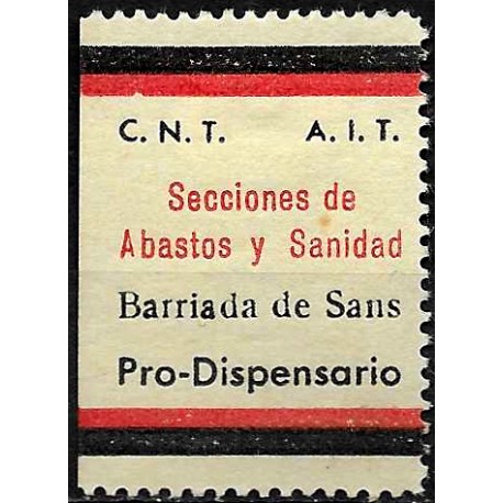 Viñeta. Secciones de Abastos y Sanidad. Pro-Dispensario. CNT-AIT (Nuevo, con señal de fijasellos)
