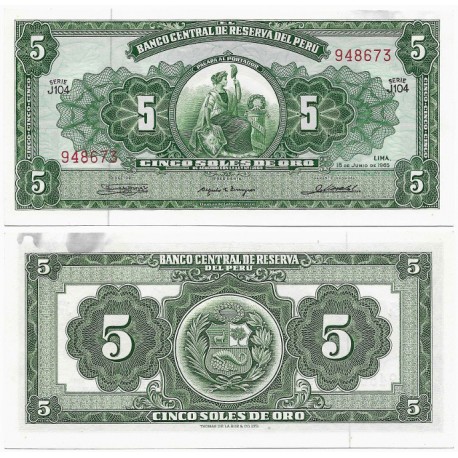 (83a) Perú. 1965. 5 Soles de Oro (SC) Mancha