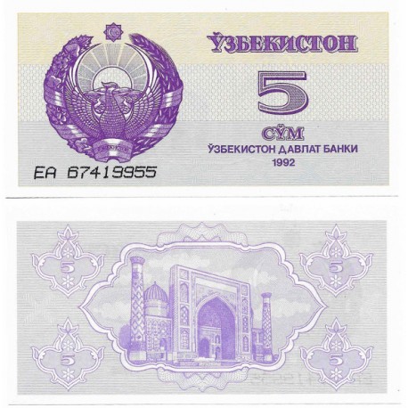 (63) Uzbekistán. 1992. 5 Som (SC)
