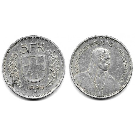 (40) Suiza. 1948(B). 5 Francs (MBC) (Plata)