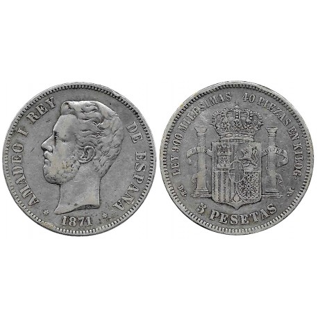 Amadeo I. 1871*(18-71). 5 Pesetas (BC) (Plata) Ceca de Madrid DE-M