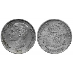 Alfonso XII. 1877*(18-77). 5 Pesetas (BC) (Plata) Ceca de Madrid DE-M