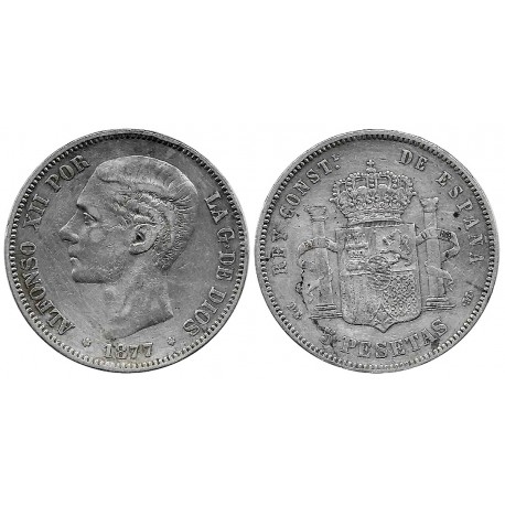 Alfonso XII. 1877*(18-77). 5 Pesetas (BC) (Plata) Ceca de Madrid DE-M