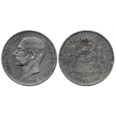 Alfonso XII. 1885*(18-86). 5 Pesetas (BC+) (Plata) Ceca de Madrid MS-M, Mancha