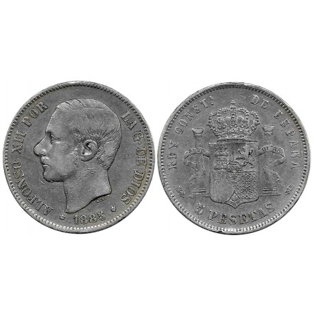 Alfonso XII. 1885*(18-87). 5 Pesetas (BC) (Plata) Ceca de Madrid MS-M