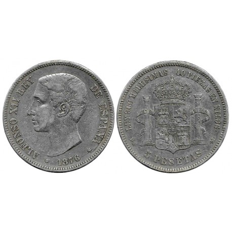 Alfonso XII. 1876*(---76). 5 Pesetas (BC) (Plata) Ceca de Madrid DE-M, Variante