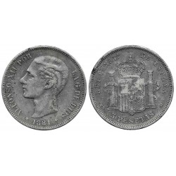 Alfonso XII. 1881*(-----). 5 Pesetas (BC-/BC) (Plata) Ceca de Madrid MS-M
