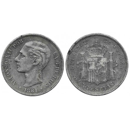 Alfonso XII. 1881*(-----). 5 Pesetas (BC-/BC) (Plata) Ceca de Madrid MS-M