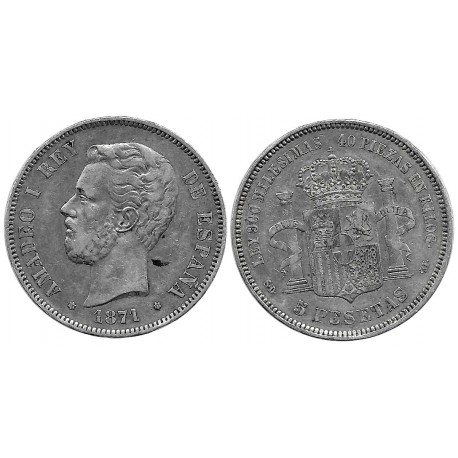 Amadeo I. 1871*(18-71). 5 Pesetas (BC) (Plata) Ceca de Madrid SD-M