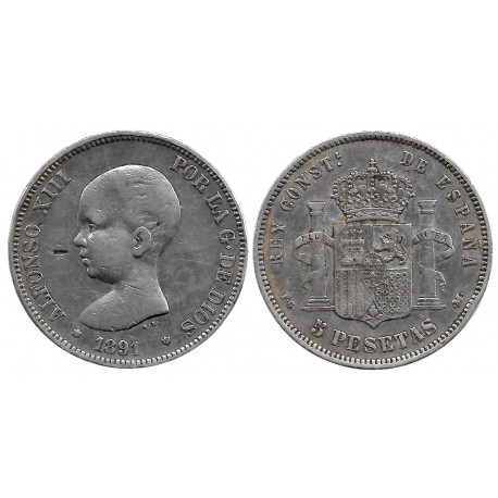 Alfonso XIII. 1891*(18-91). 5 Pesetas (BC) (Plata) Ceca de Madrid PG-M