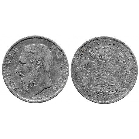 (24) Bélgica. 1869. 5 Francs (MBC-) (Plata)