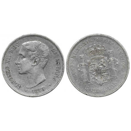 Alfonso XII. 1875*(-----). 5 Pesetas (BC/BC+) (Plata) Ceca de Madrid DE-M