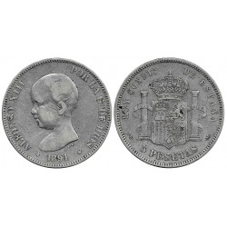 Alfonso XIII. 1891*(---91). 5 Pesetas (BC) (Plata) Ceca de Madrid PG-M