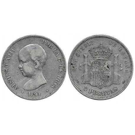 Alfonso XIII. 1891*(---91). 5 Pesetas (BC) (Plata) Ceca de Madrid PG-M