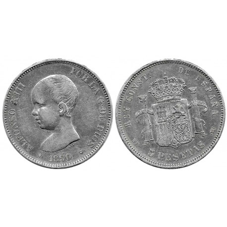 Alfonso XIII. 1890*(18-90). 5 Pesetas (MBC-/MBC) (Plata) Ceca de Madrid MP-M