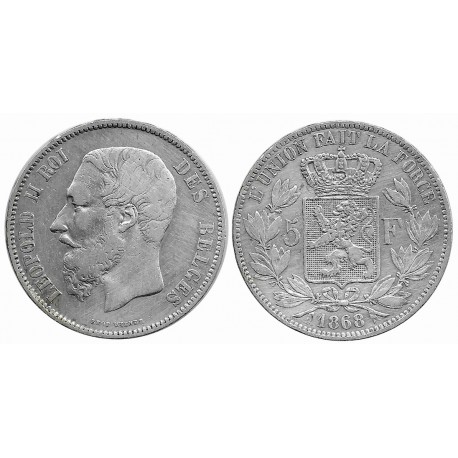 (24) Bélgica. 1868. 5 Francs (BC) (Plata)