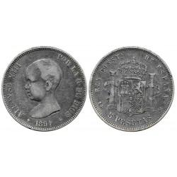 Alfonso XIII. 1891*(---91). 5 Pesetas (BC) (Plata) Ceca de Madrid PG-M