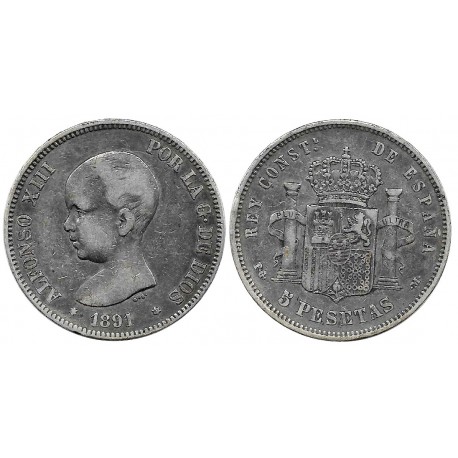 Alfonso XIII. 1891*(---91). 5 Pesetas (BC) (Plata) Ceca de Madrid PG-M