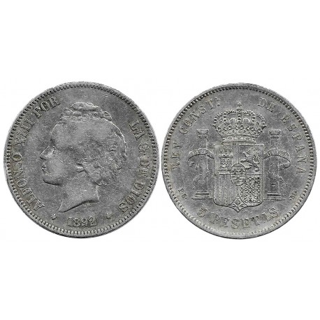 Alfonso XIII. 1892*(18-92). 5 Pesetas (BC) (Plata) Ceca de Madrid PG-M