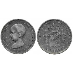 Alfonso XIII. 1891*(---91). 5 Pesetas (BC) (Plata) Ceca de Madrid PG-M