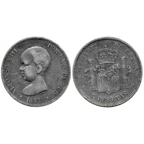 Alfonso XIII. 1891*(---91). 5 Pesetas (BC) (Plata) Ceca de Madrid PG-M