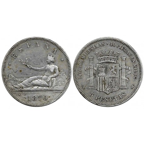 Gobierno Provisional. 1870*(-8-70). 5 Pesetas (BC) (Plata) Ceca de Madrid SN-M