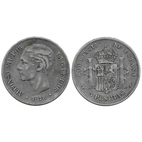Alfonso XII. 1878*(-----). 5 Pesetas (BC) (Plata) Ceca de Madrid DE-M