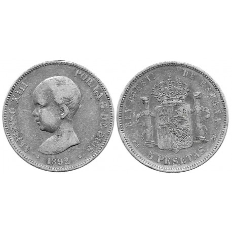 Alfonso XIII. 1892*(18-92). 5 Pesetas (BC/BC+) (Plata) Ceca de Madrid PG-M