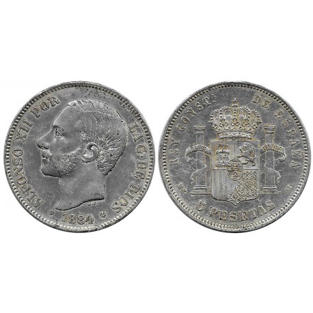 Alfonso XII. 1884*(18-84). 5 Pesetas (MBC-/MBC) (Plata) Ceca de Madrid MS-M