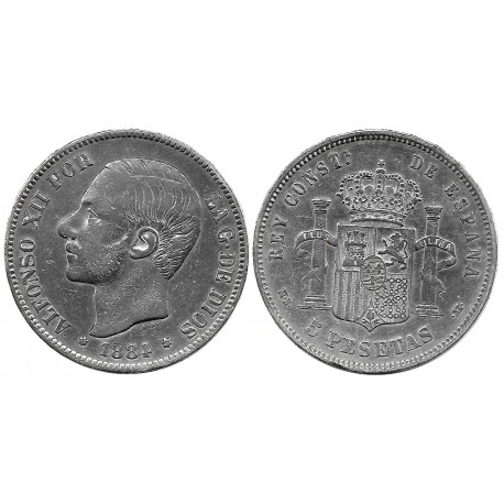 Alfonso XII. 1884*(---84). 5 Pesetas (BC/BC+) (Plata) Ceca de Madrid MS-M