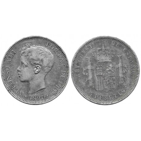 Alfonso XIII. 1897*(18-97). 5 Pesetas (BC) (Plata) Ceca de Madrid SG-V