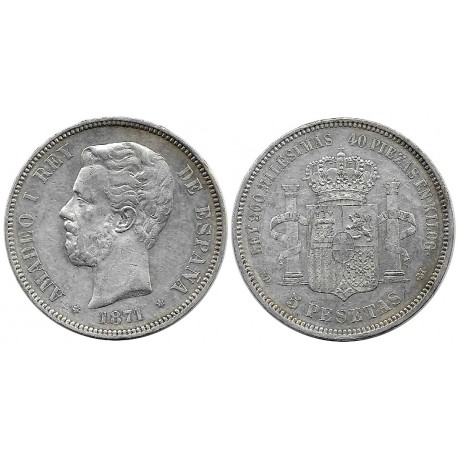 Amadeo I. 1871*(18-71). 5 Pesetas (BC/BC+) (Plata) Ceca de Madrid SD-M