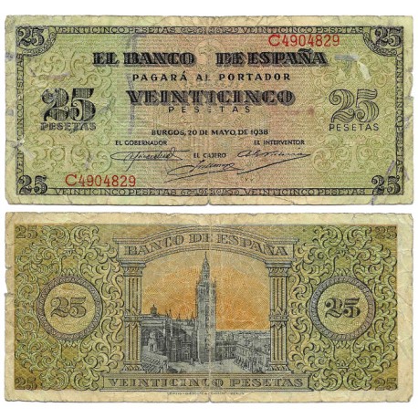 Estado Español. 1938. 25 Pesetas (BC+) Serie C, Roturas en márgenes
