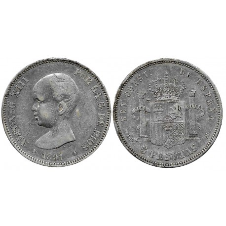 Alfonso XIII. 1891*(18-91). 5 Pesetas (BC/BC+) (Plata) Ceca de Madrid PG-M