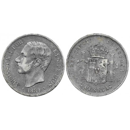 Alfonso XII. 1884*(18-84). 5 Pesetas (BC) (Plata) Ceca de Madrid MS-M