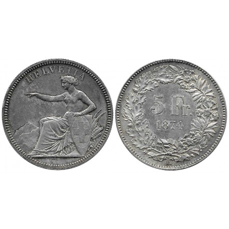(11) Suiza. 1874B. 5 Francs (EBC) (Plata)