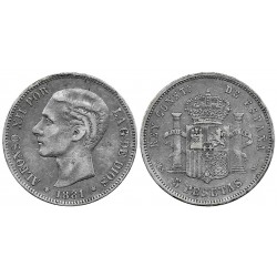 Alfonso XII. 1881*(18-81). 5 Pesetas (BC+) (Plata) Ceca de Madrid MS-M