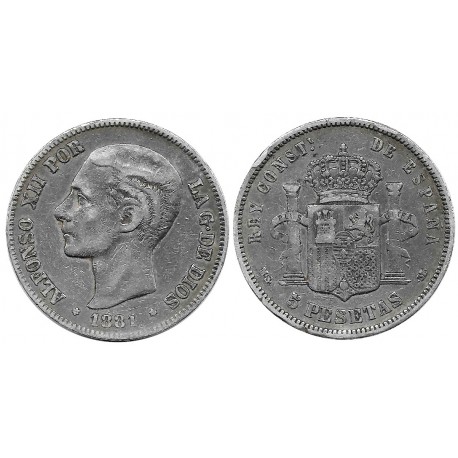 Alfonso XII. 1881*(18-81). 5 Pesetas (BC) (Plata) Ceca de Madrid MS-M