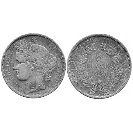 (761.1) Francia. 1850A. 5 Francs (MBC-) (Plata)
