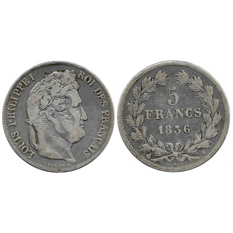 (749.2) Francia. 1836B. 5 Francs (BC+) (Plata)