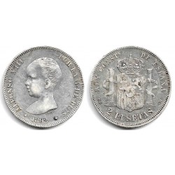 Alfonso XIII. 1892*(18-92). 2 Pesetas (MBC-) (Plata) Ceca de Madrid PG-M