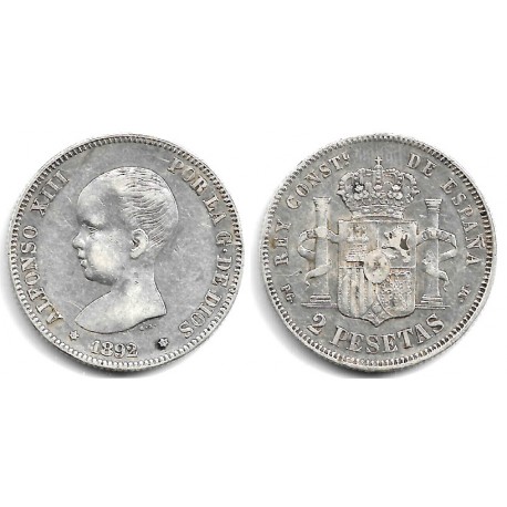 Alfonso XIII. 1892*(18-92). 2 Pesetas (MBC-) (Plata) Ceca de Madrid PG-M